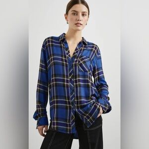 Rails Blue Cobalt Tartan Plaid Evelyn Button Down Tunic Shirt Size Large